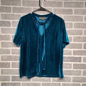 Sunday in Brooklyn Velour Top Size M Neck Tie Short Sleeve Teal Holiday Bohemian